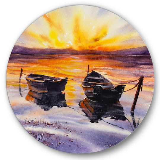 Designart - Sunset and Two Small Boats Parking On The Shore
